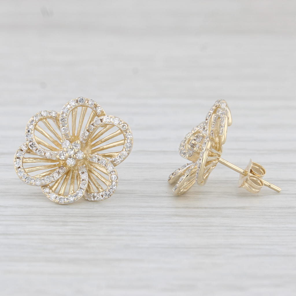 Light Gray 0.60ctw Diamond Flower Earrings 10k Yellow Gold Pierced Floral Studs