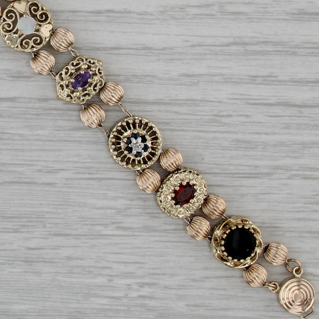 Gemstone Slide Charm Bracelet 10k Yellow Gold 7" Old Victoria Gleaner Cameo