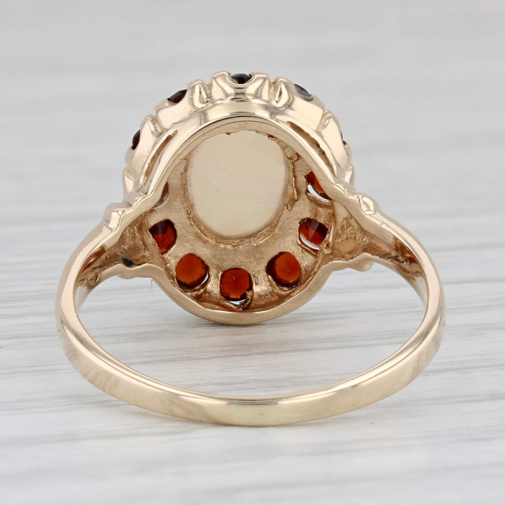 Light Gray Vintage Opal Cabochon Garnet Halo Ring 14k Yellow Gold Size 8