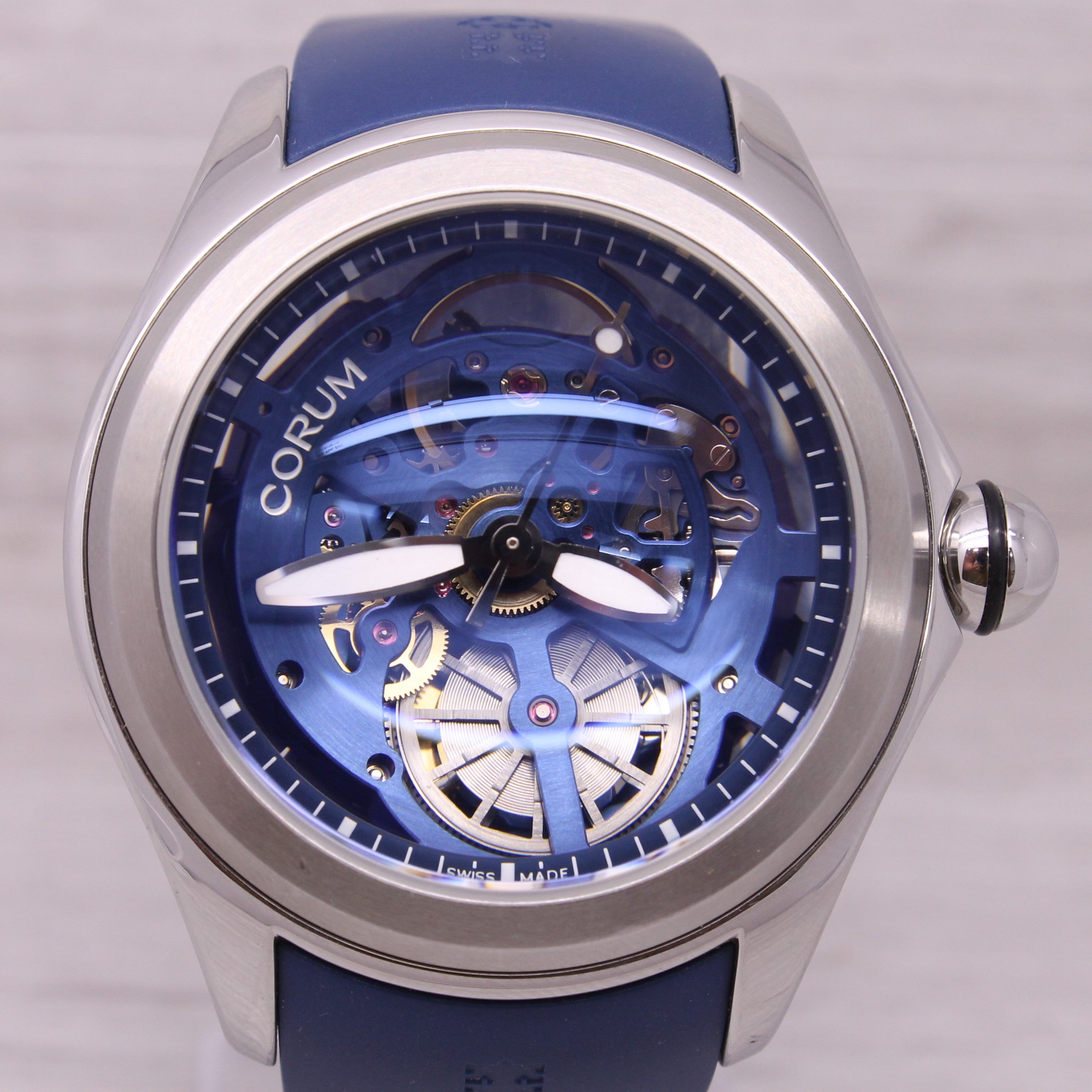 Gray Corum Bubble Blue Skeleton Mens 47mm Steel Automatic Watch w/ Box Papers 08.0006