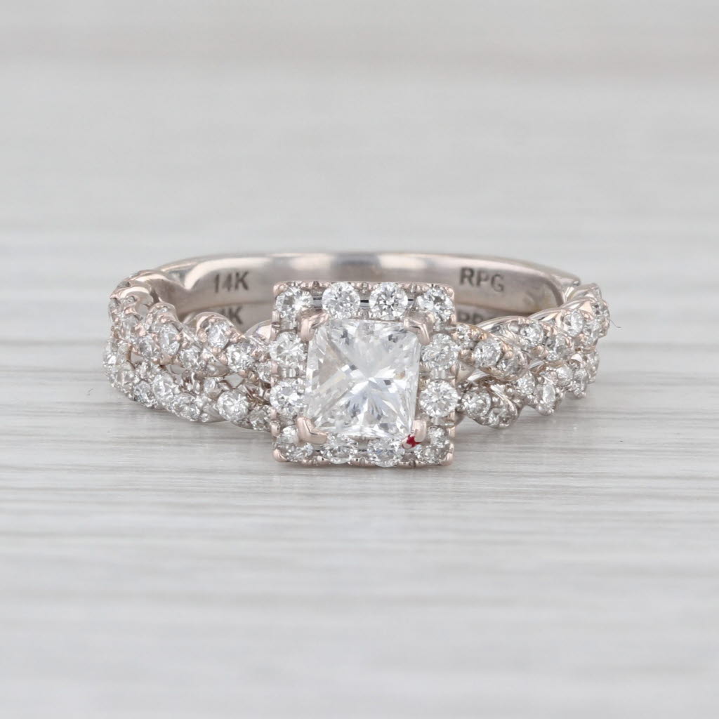 1.21ctw Diamond Halo Engagement Ring Wedding Band Bridal Set 14k Gold Size 6.5