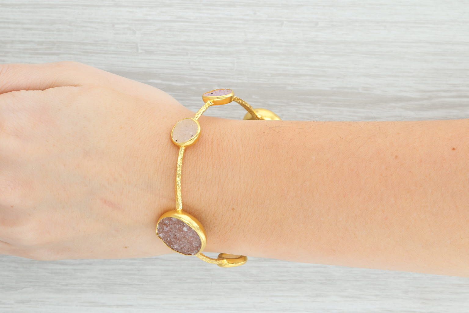 New Nina Wynn 8" Bangle Bracelet Druzy Quartz 22k Gold Sterling Silver Vermeil
