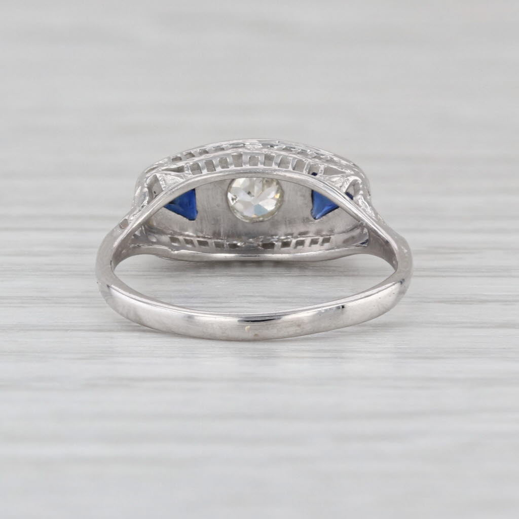 Art Deco Diamond Lab Created Sapphire Engagement Ring 18k White Gold Filigree