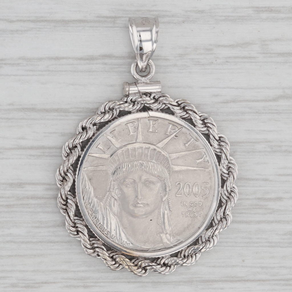 Gray 2005 Platinum 25 Dollar American Eagle Coin Pendant 14k Gold Bezel 1/4 oz