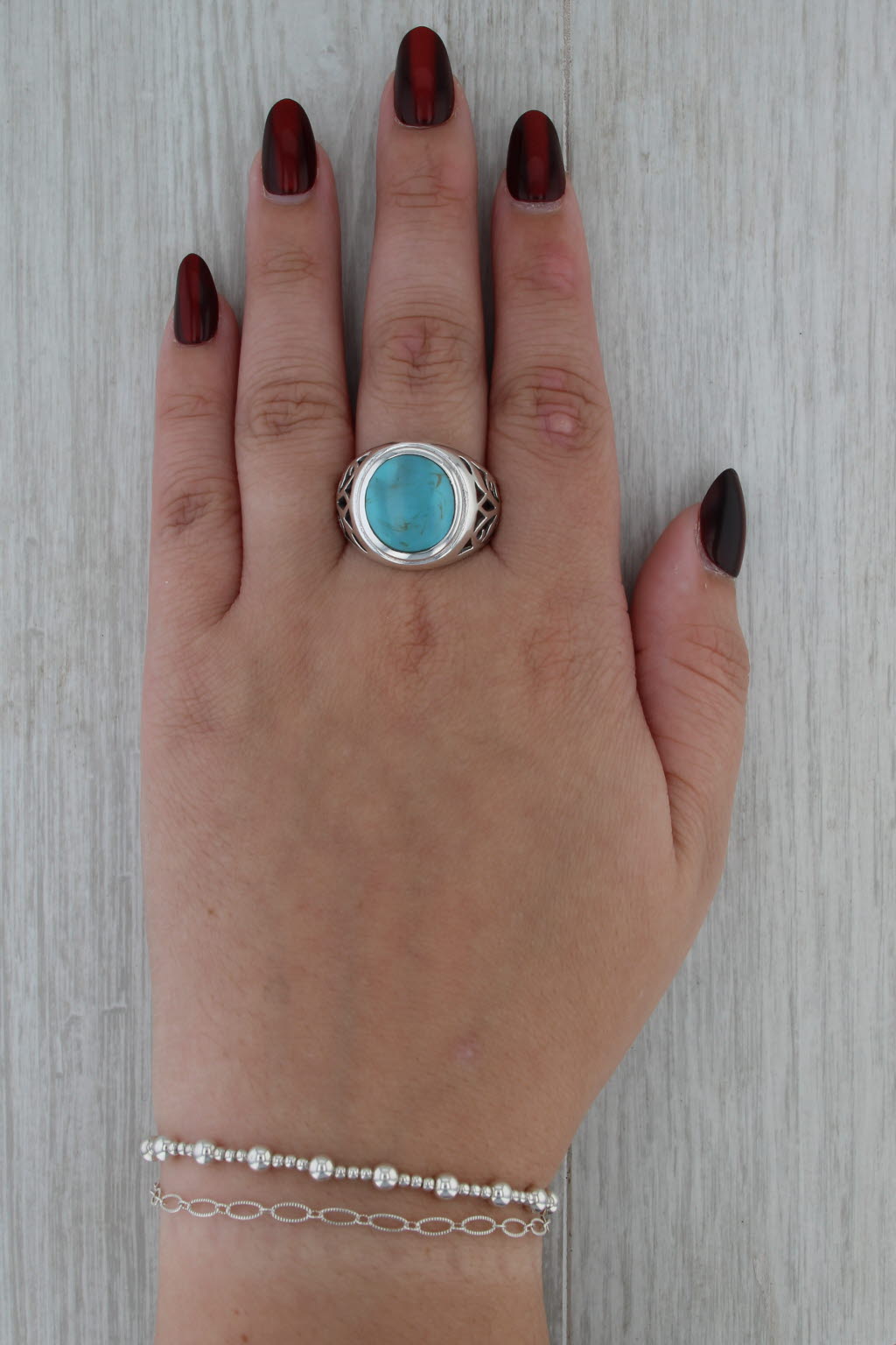Sindi Blue Resin Imitation Turquoise Ring Sterling Silver Size 11.75 Openwork