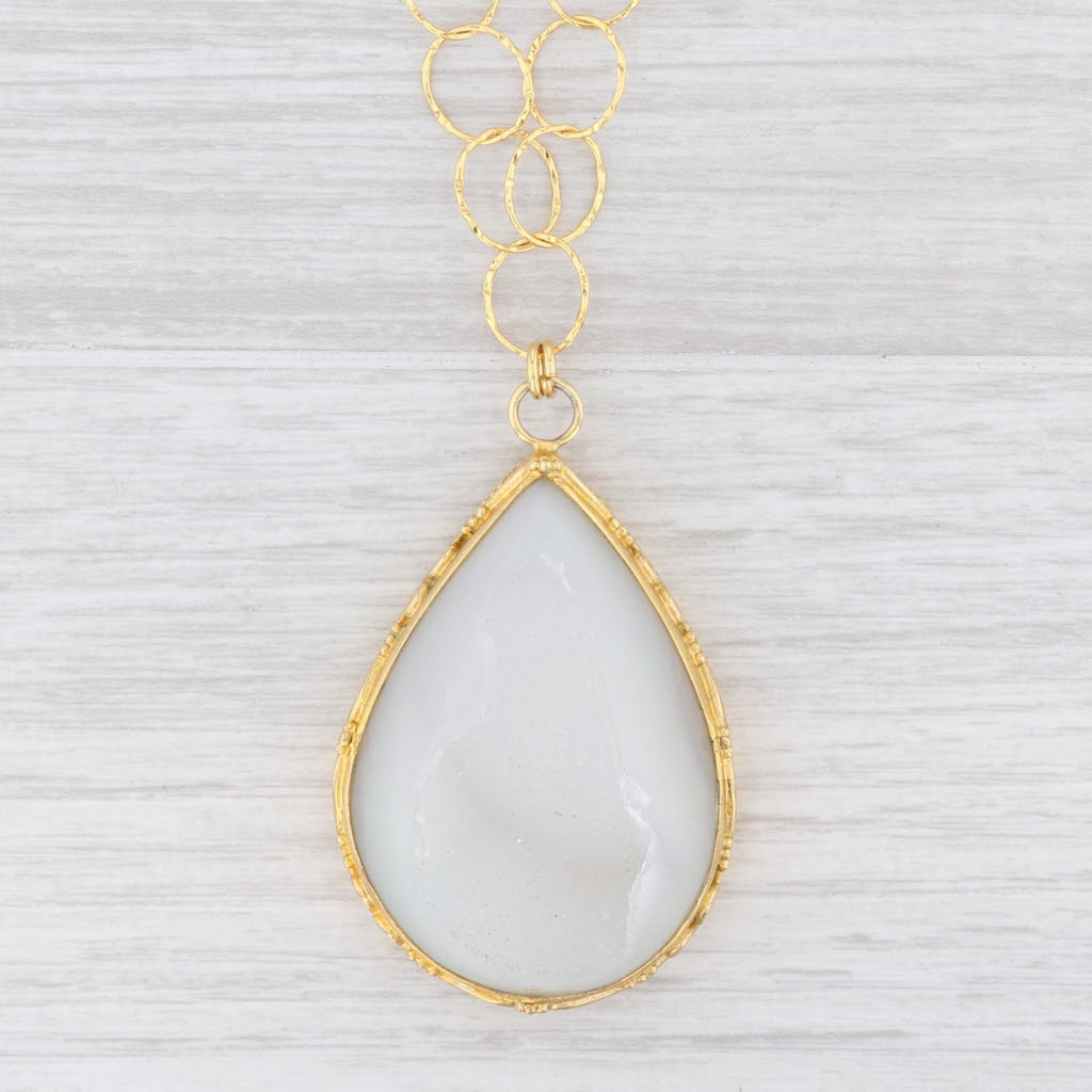 New Nina Wynn White Druzy Quartz Agate Pendant Necklace Sterling Gold Vermeil