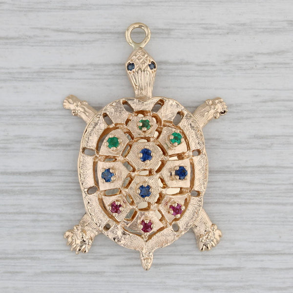 0.48ctw Gemstone Turtle Pendant 14k Yellow Gold Emerald Sapphire Ruby Charm