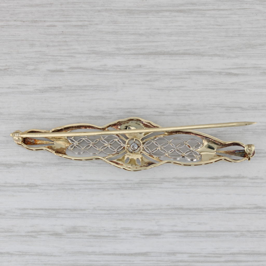 Gray Vintage Diamond Filigree Bar Pin 14k Gold Platinum Brooch