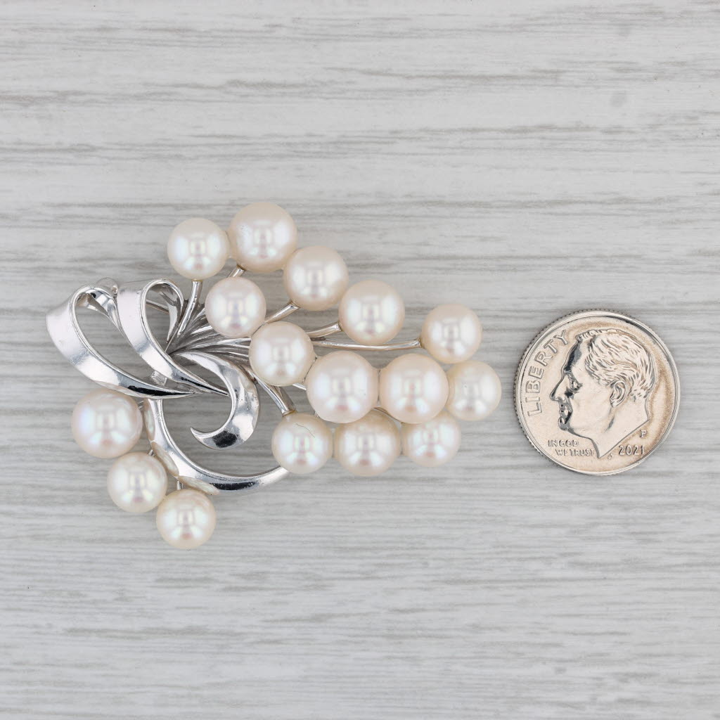 Gray Mikimoto Vintage Cultured Pearl Brooch 14k White Gold Flower Spray Statement Pin