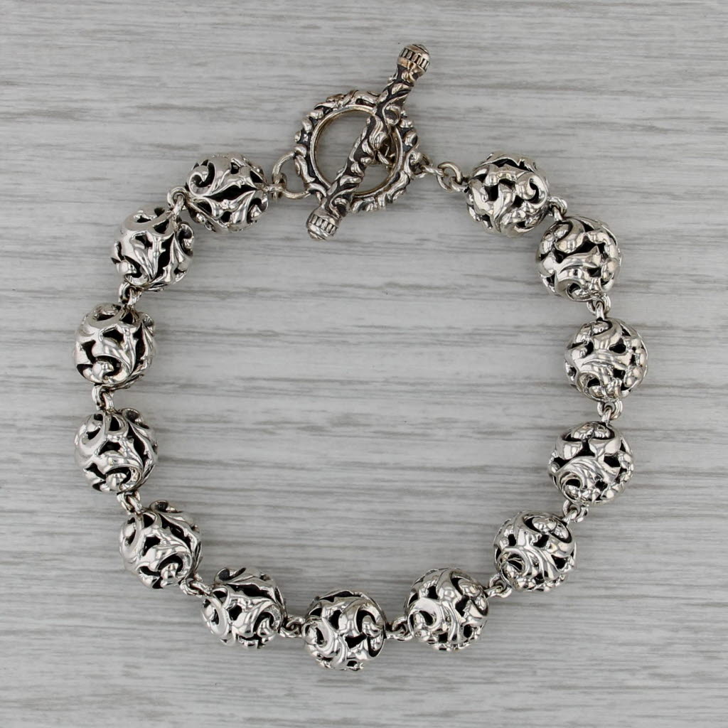Krypell Ornate Openwork Bead Bracelet Sterling Silver 8.5" 11.3mm Toggle Clasp