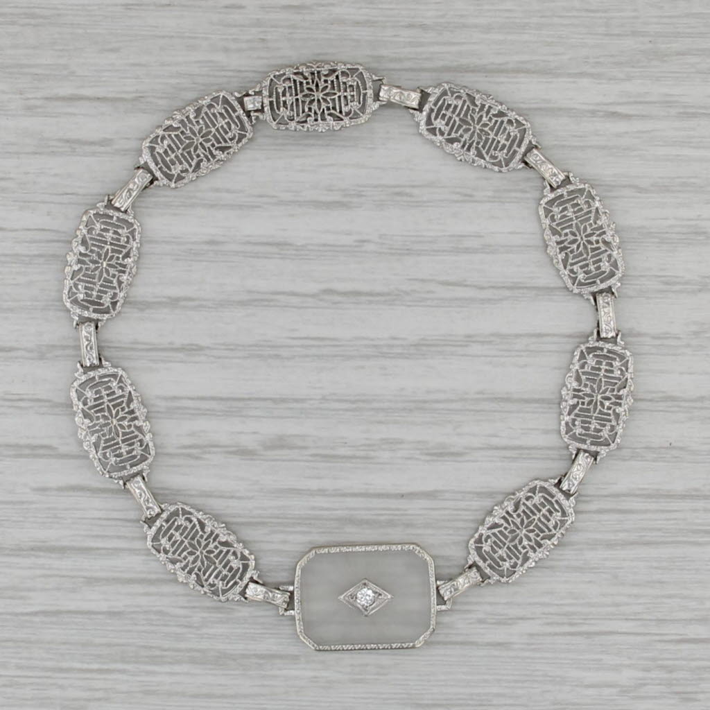 Camphor Glass Diamond Filigree Bracelet 14k White Gold 7.5"