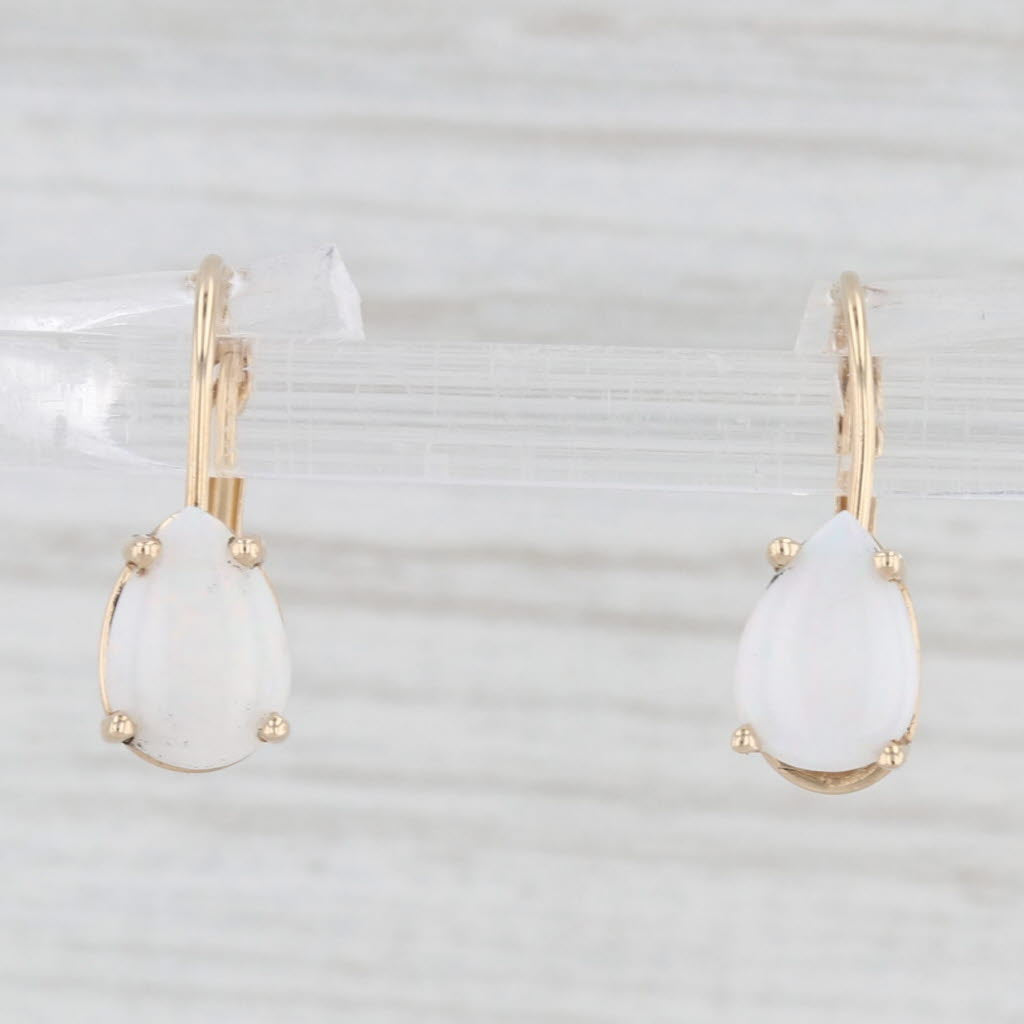 Light Gray Opal Pear Cabochon Teardrop Earrings 14k Yellow Gold Lever Backs