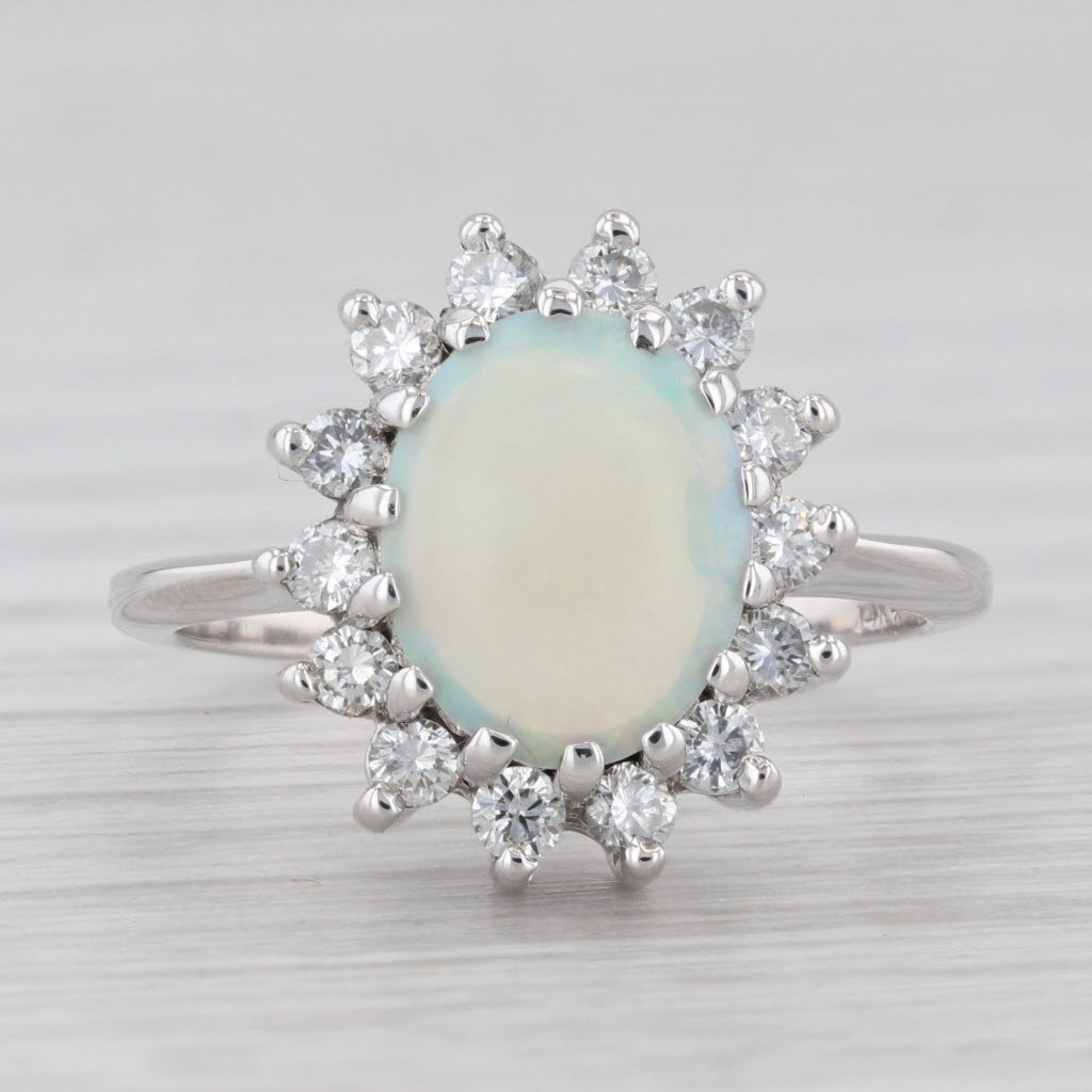 Light Gray Oval Opal Cabochon Diamond Halo Ring 14k White Gold Size 6.5