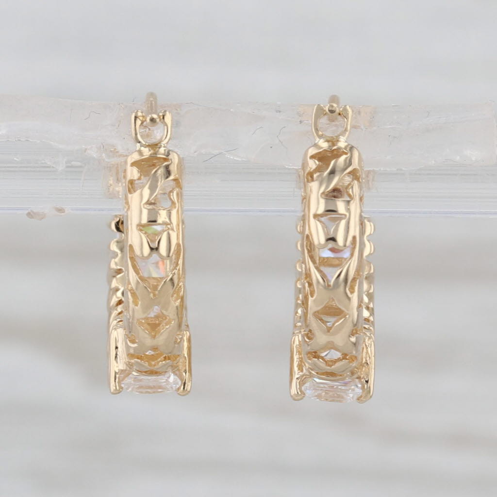 Cubic Zirconia Hoop Huggie Earrings 14k Yellow Gold Snap Top Hoops