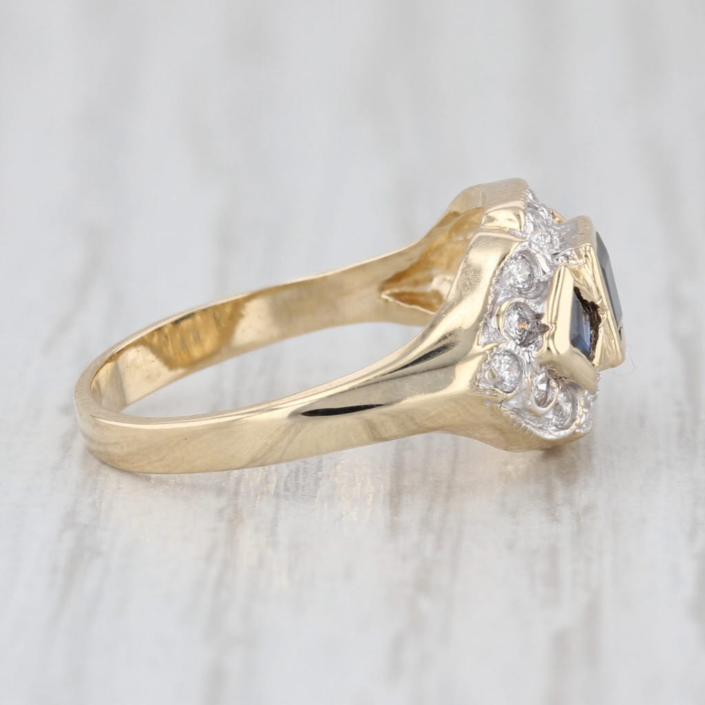 0.75ctw Blue 3-Stone Sapphire Diamond Halo Ring 10k Yellow Gold Size 6