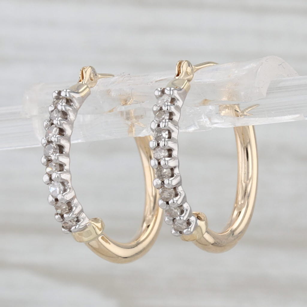 0.15ctw Diamond Hoop Earrings 10k Yellow White Gold Snap Top Round Hoops