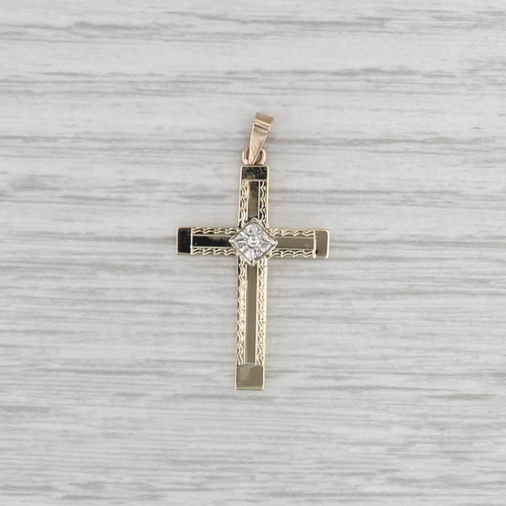Vintage Diamond Accented Cross Pendant 14k Yellow Gold 2-Toned