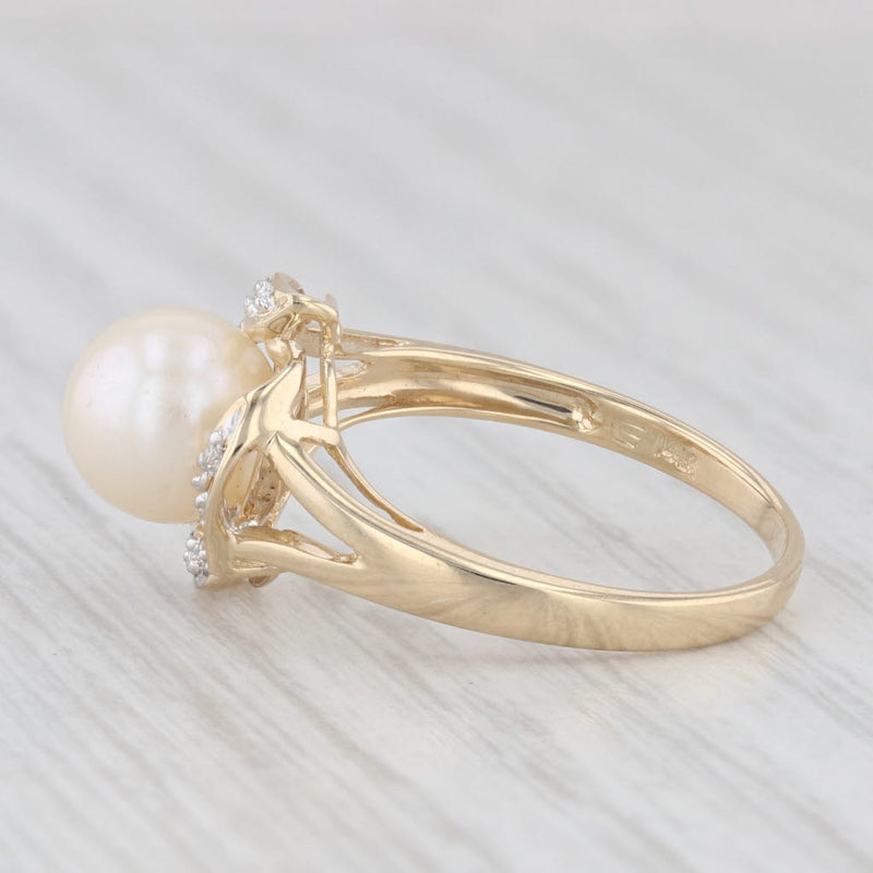 Cultured Pearl Diamond Ring 14k Yellow Gold Size 6.75