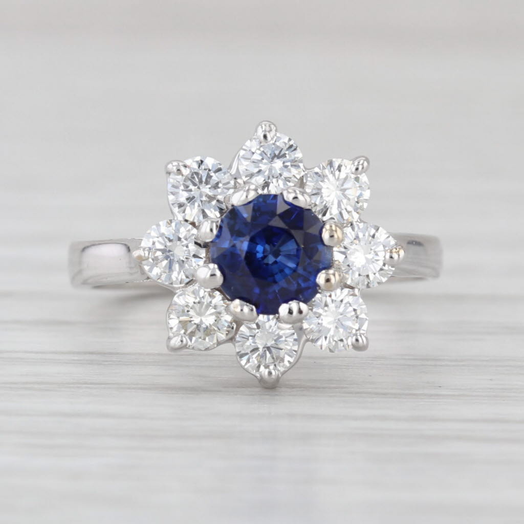 1.70ctw Blue Sapphire Diamond Halo Flower Ring 18k White Gold Engagement Sz 4.25