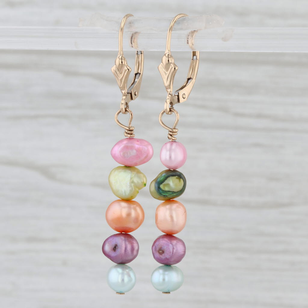 Multicolor Cultured Pearl Dangle Earrings 14k Yellow Gold Lever Back Drops