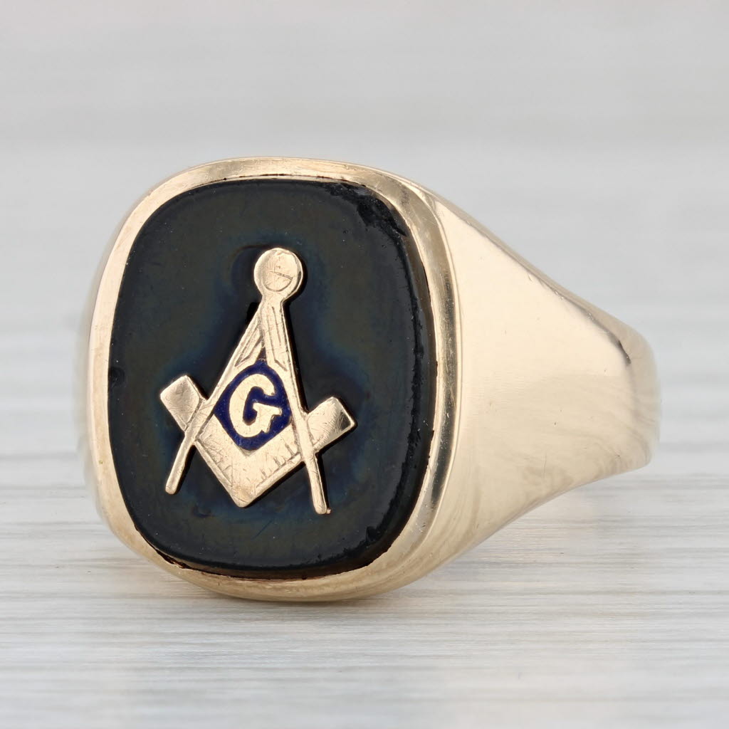 Light Gray Masonic Blue Lodge Square Compass Signet Ring 14k Gold Size 11 Men's Vintage