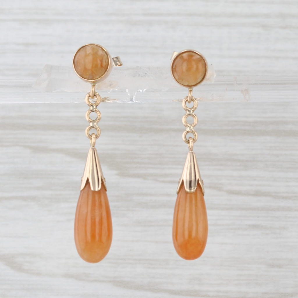 Orange Jadeite Jade Teardrop Earrings 14k Yellow Gold Dangles