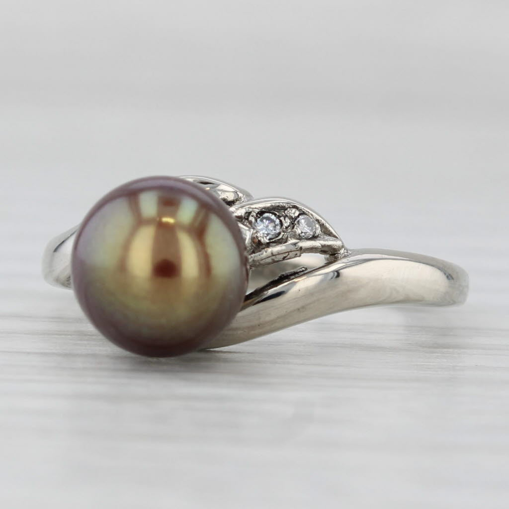 Light Gray Brown Bronze Cultured Pearl Diamond Ring 14k White Gold Size 6.5