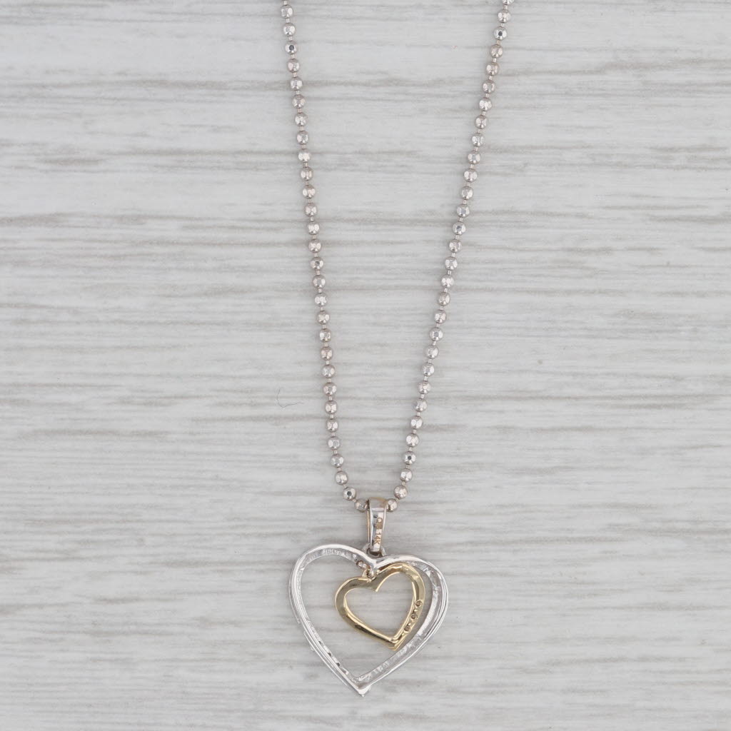 Gray Diamond Accented Double Heart Pendant Necklace 14k White Gold Bead Chain