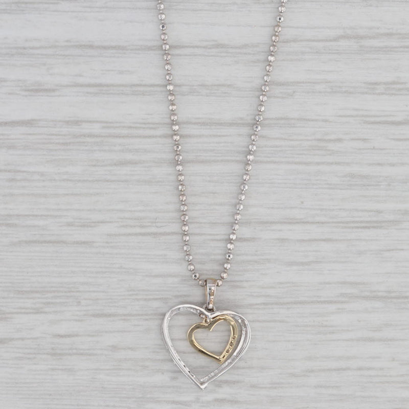 Diamond Accented Double Heart Pendant Necklace 14k White Gold Bead Chain