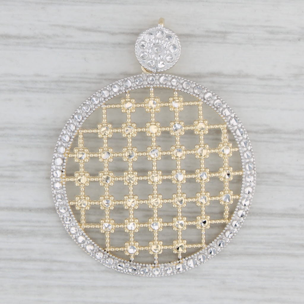 Gray Kitsinian Lattice Work Circle Pendant 14k Yellow White Gold Statement