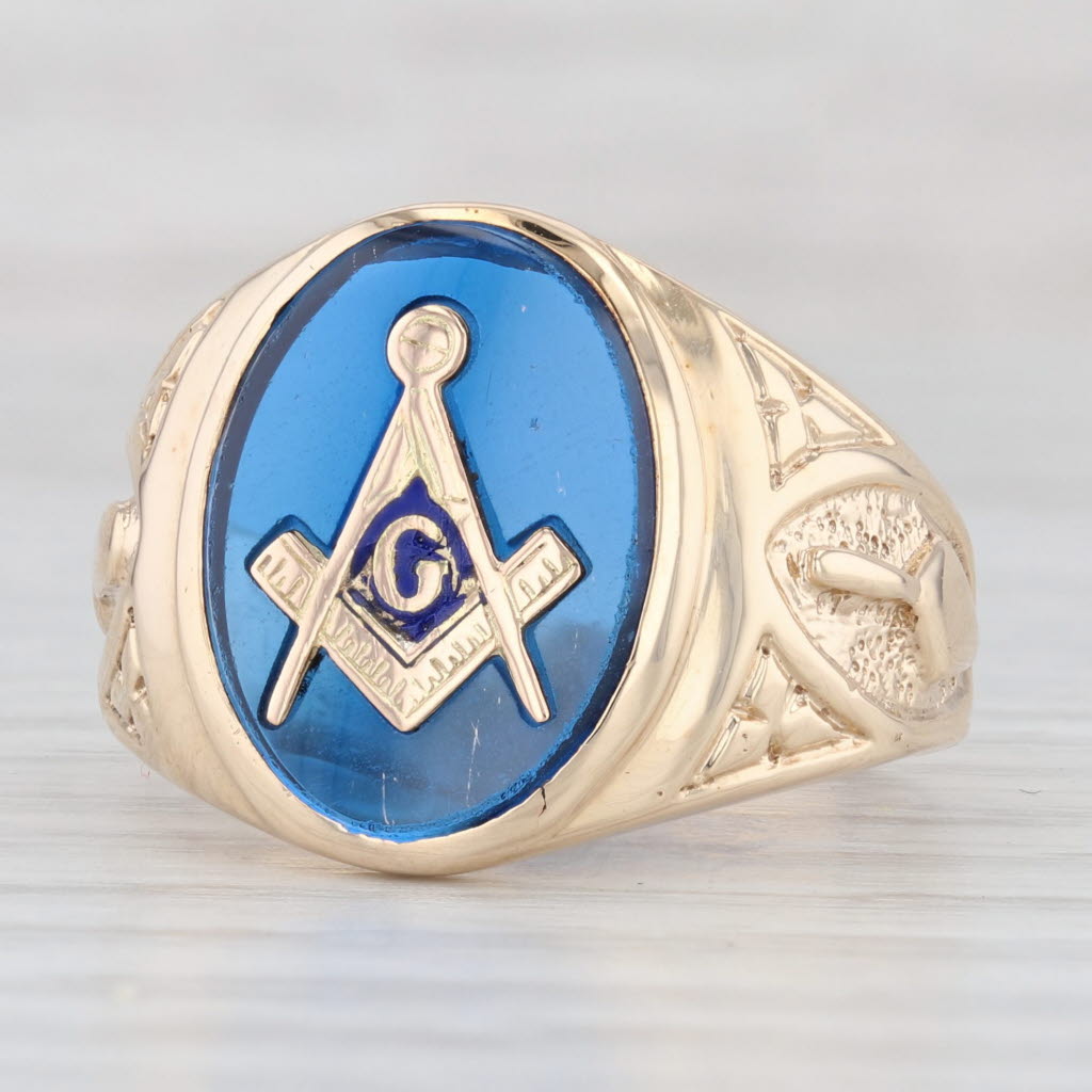 Light Gray Masonic Signet Ring Lab Created Spinel 10k Yellow Gold Size 7.75 Blue Lodge