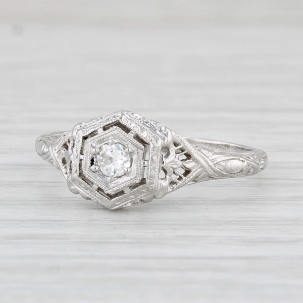 Art Deco VS2 Diamond Solitaire Engagement Ring 18k White Gold Filigree Size 8