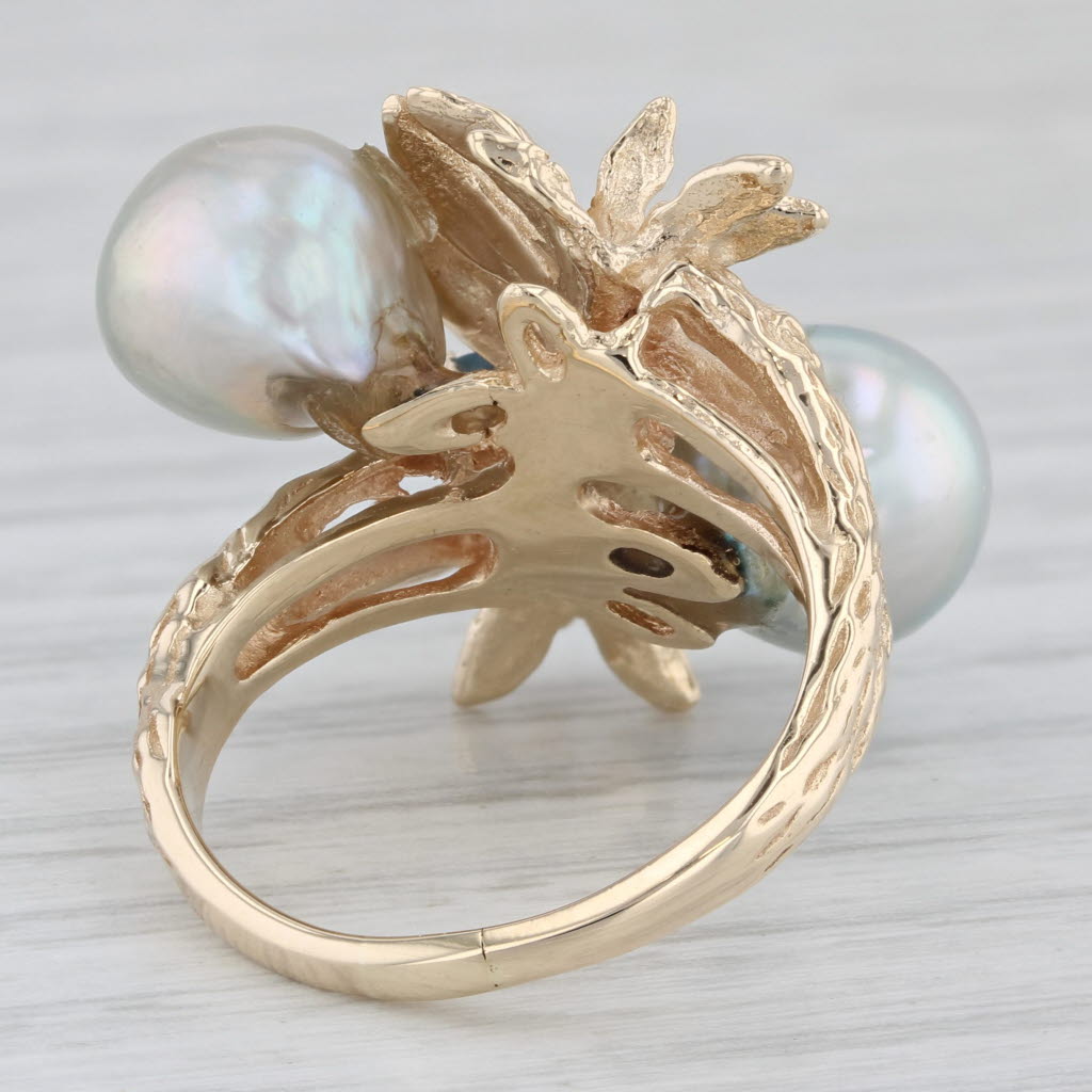 Light Gray Gray Baroque Pearl Sapphire Flower Ring 14k Yellow Gold Size 7.25 Cocktail