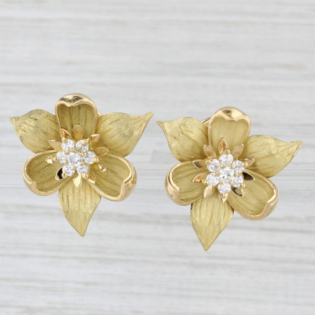 Light Gray 0.46ctw Diamond Cluster Flower Earrings 18k Yellow Gold Pierced Omega Backs