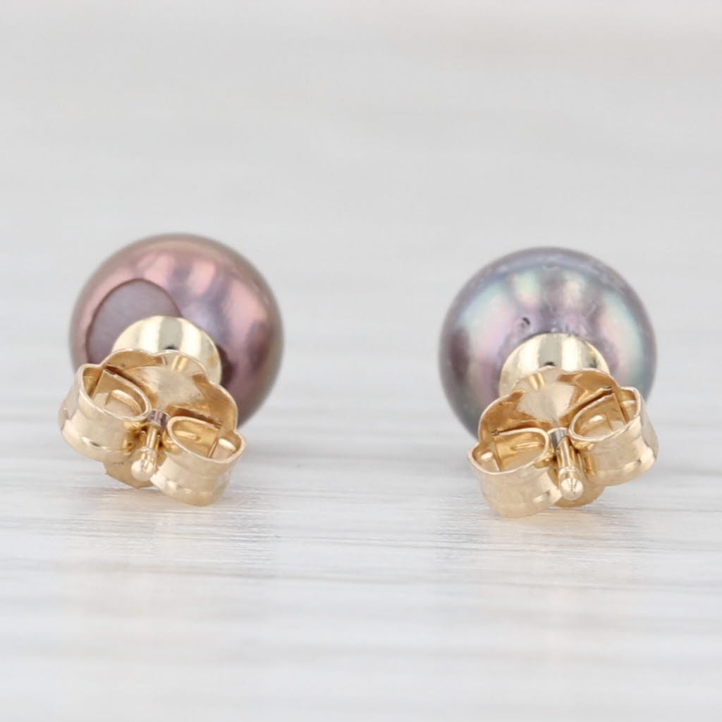 Light Gray Dyed Black Cultured Pearl Solitaire Stud Earrings 14k Yellow Gold 6.3mm