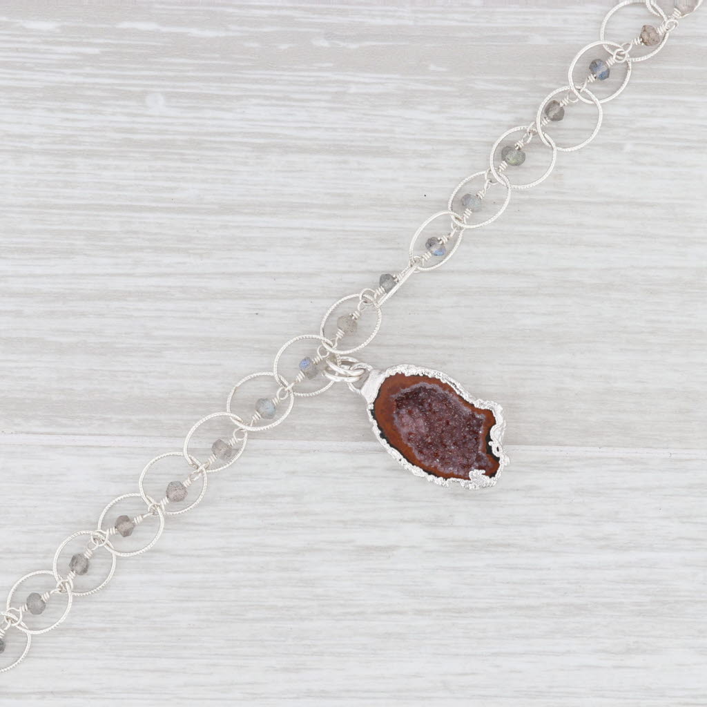 New Nina Wynn Charm Bracelet 7.5" Druzy Geode Quartz Labradorite Bead Sterling