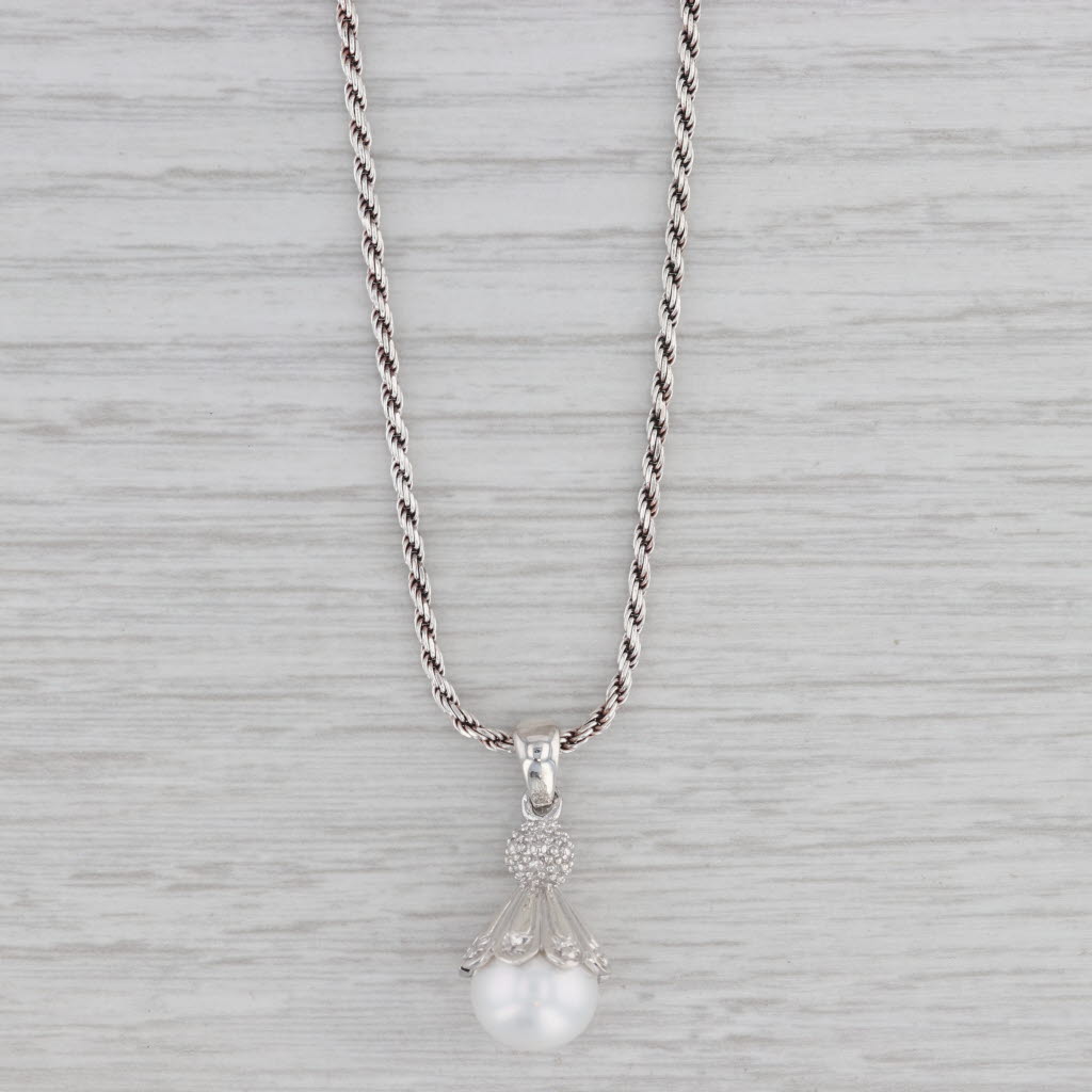 Gray Cultured Pearl Diamond Pendant Necklace Sterling Silver 18" Rope Chain