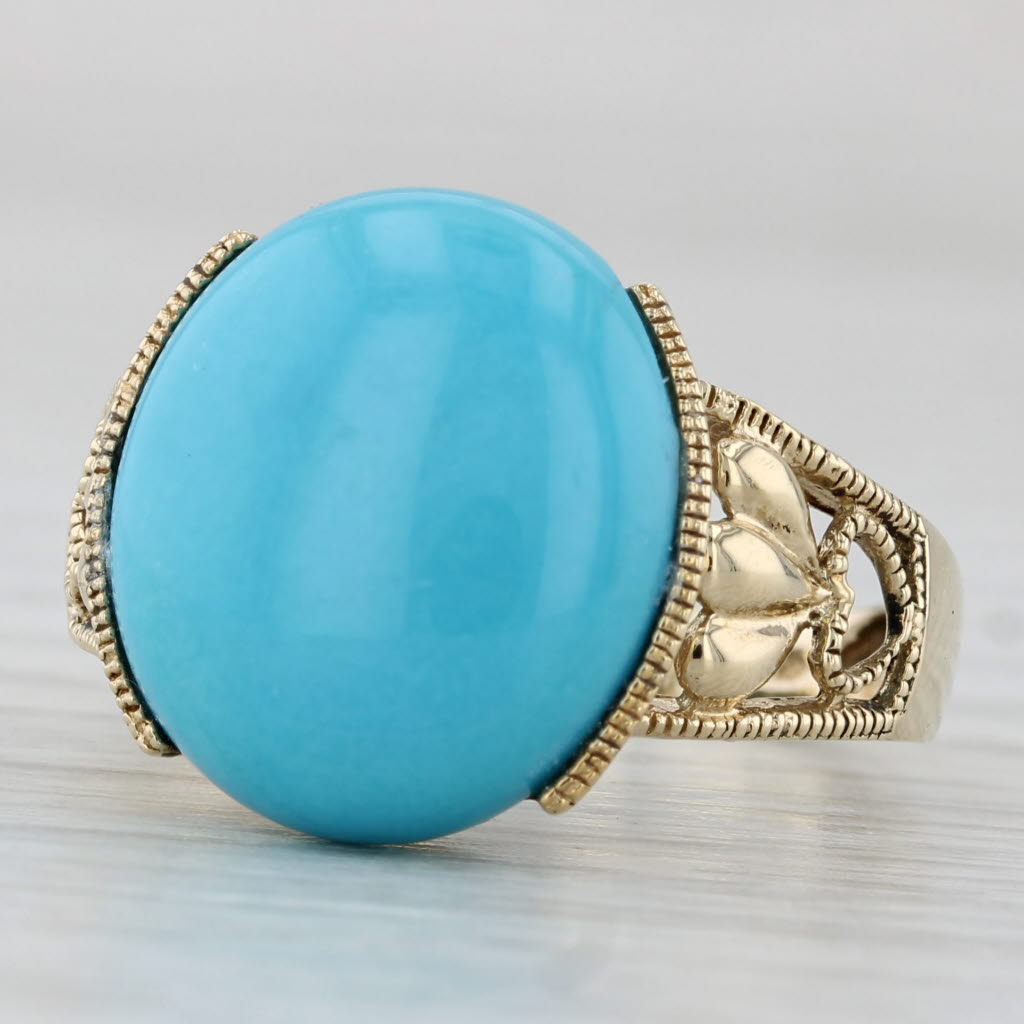 Light Gray Imitation Turquoise Oval Cabochon Solitaire Ring 10k Gold Heart Accented Size 7