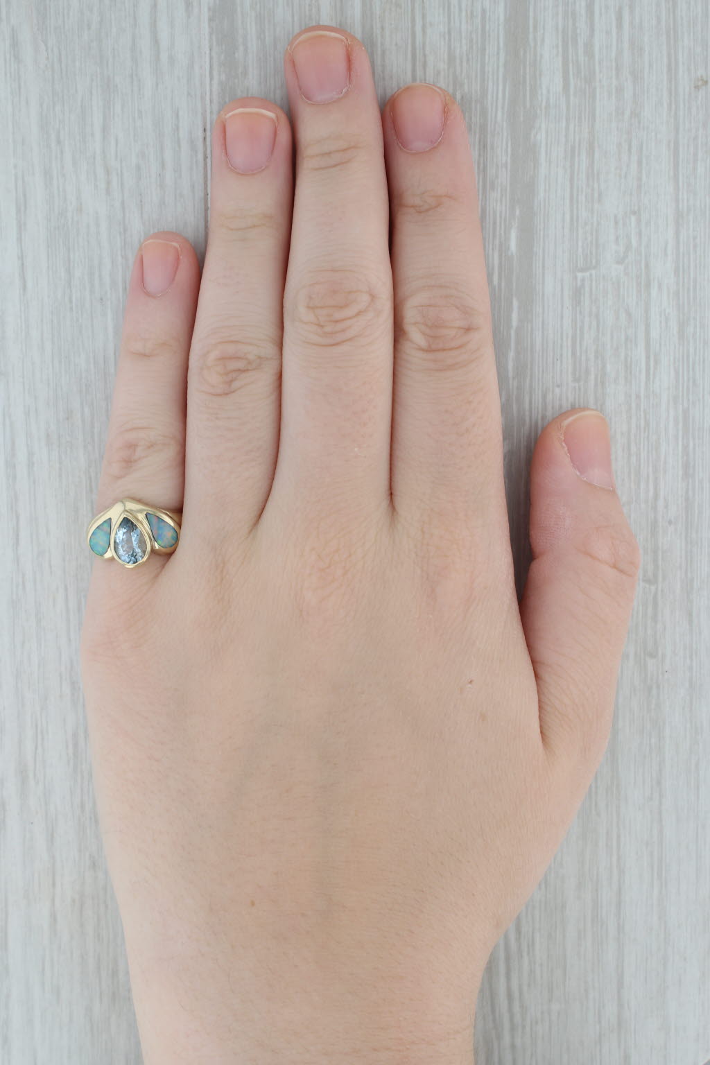 Dark Gray Pear Aquamarine Opal Ring 14k Yellow Gold Size 6.75