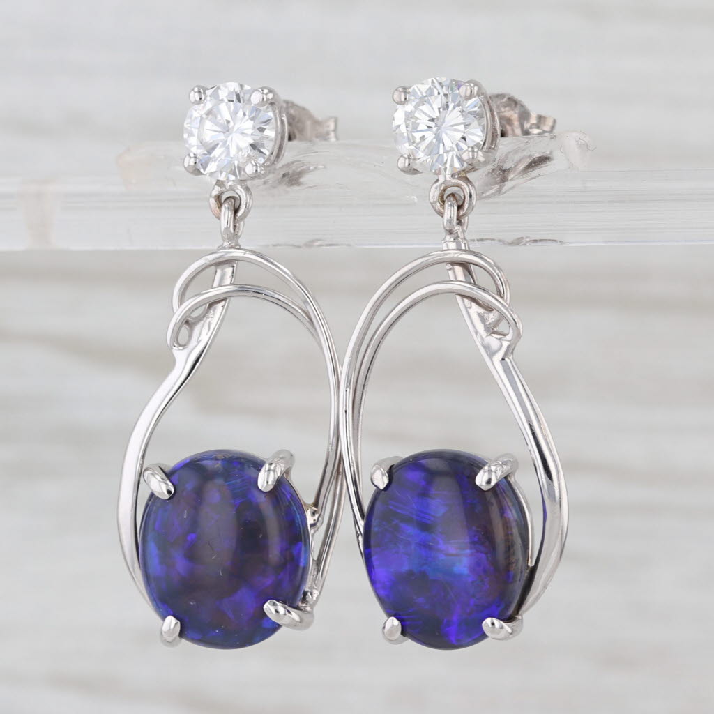 0.98ctw Diamond Blue Opal Dangle Earrings 14k White Gold Drops