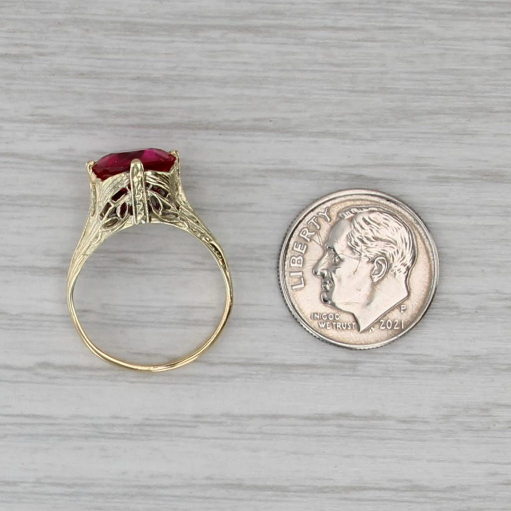 Vintage Lab Created Ruby Filigree Ring 18k Yellow Gold Size 5.5 Round Solitaire