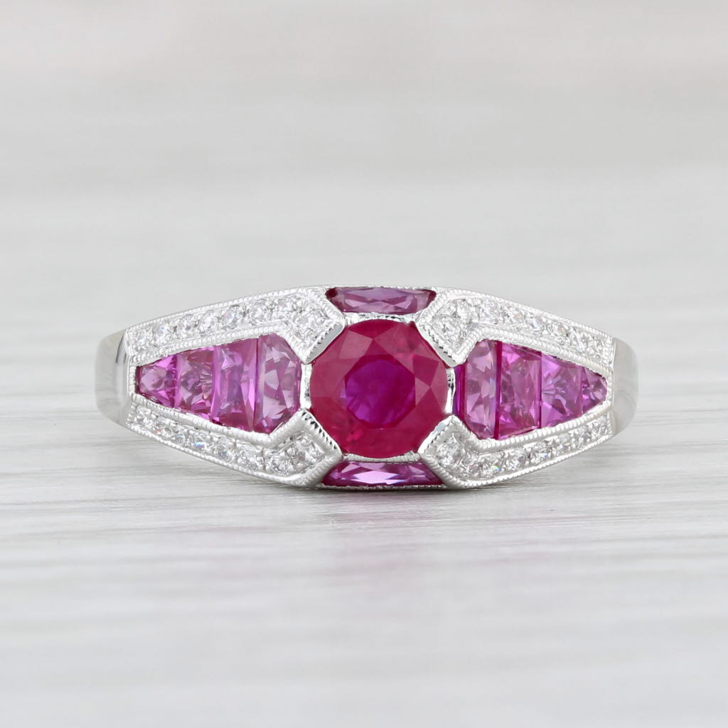 Light Gray New Beverley K 1.85ctw Ruby Diamond Ring 14k White Gold Size 7.25 Art Deco Style