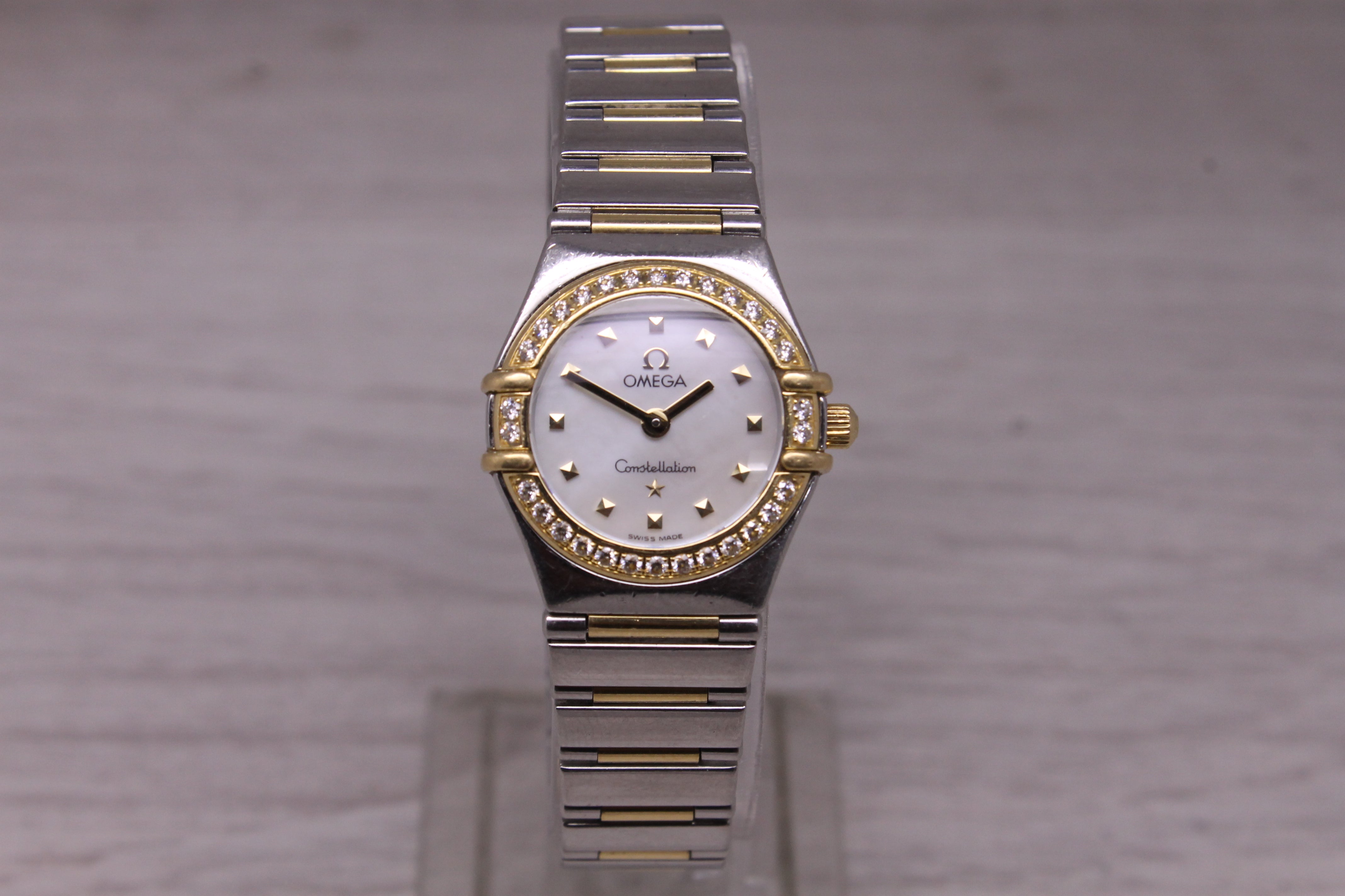 Omega Constellation "My Choice" Ladies 23mm Steel & Gold MOP Diamond Bar Watch
