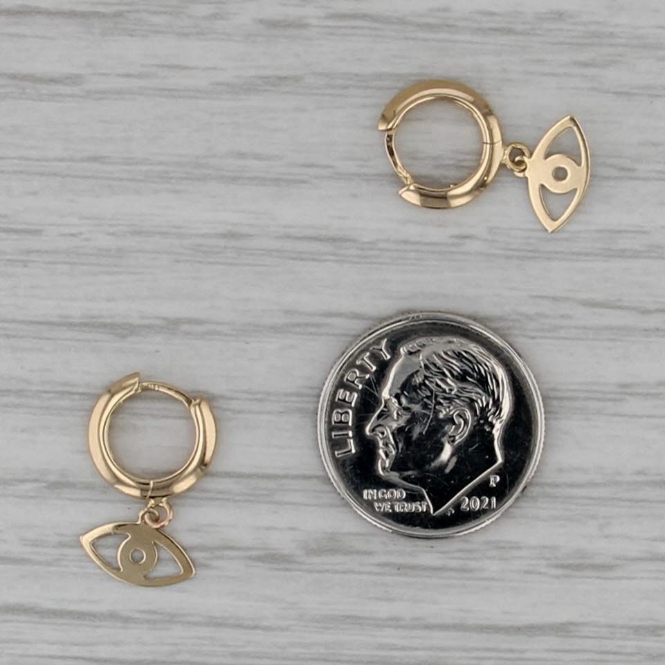 All Seeing Eye Dangle Huggie Hoop Earrings 14k Yellow Gold Snap Top Round Hoops