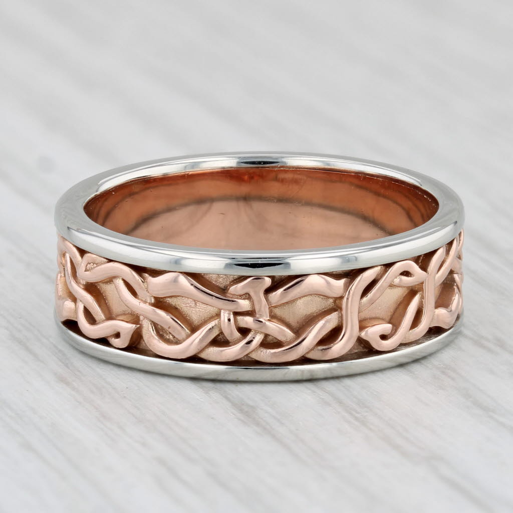 Light Gray Knot Work Ring 14k Rose Gold 900 Platinum Size 10 Men's Wedding Band 2-Toned