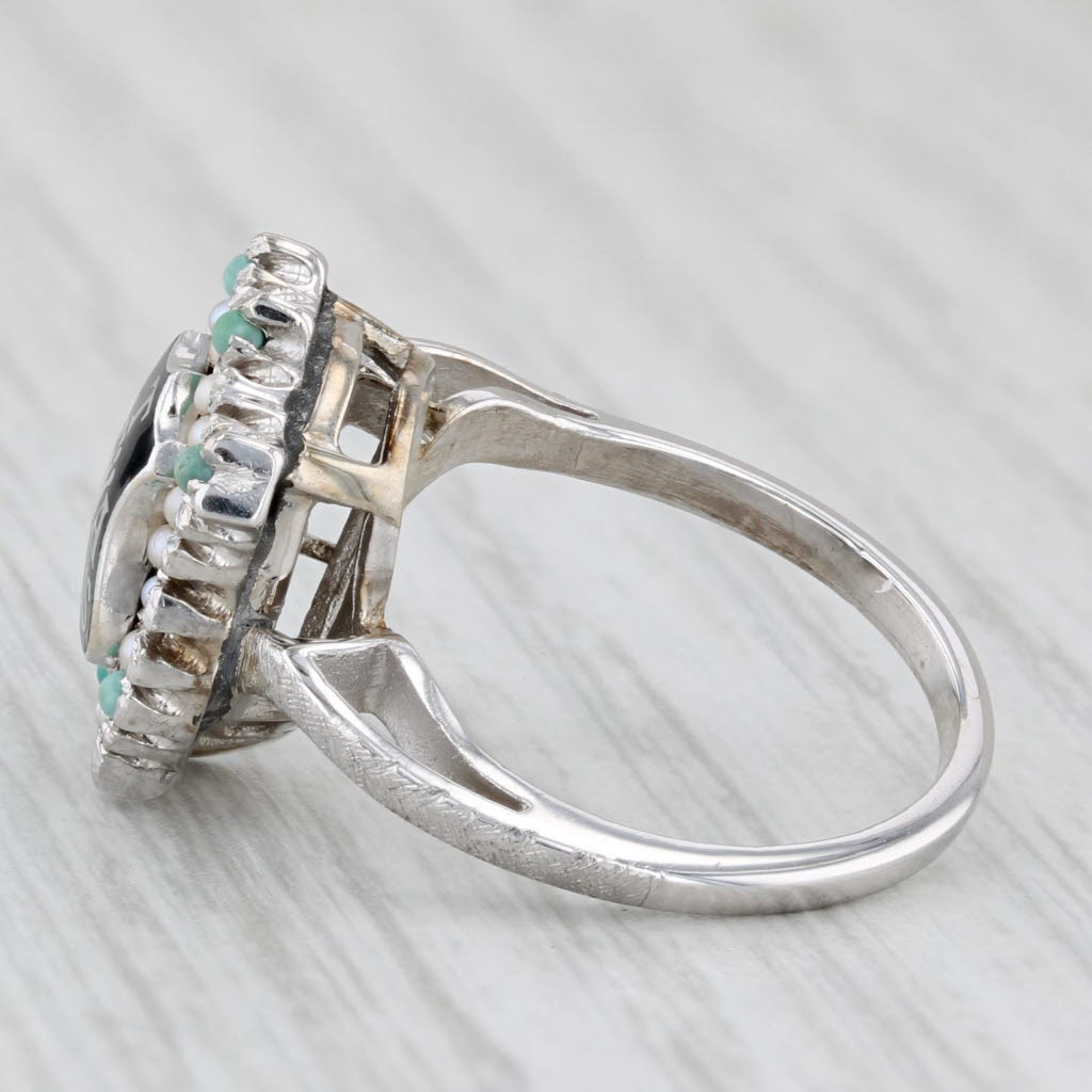 Light Gray Zeta Tau Alpha Sorority Badge Ring 14k Gold Turquoise Pearl Vintage Size 4.75