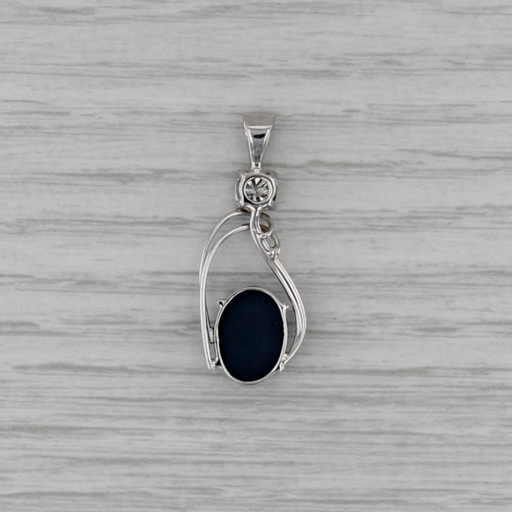Blue Black Opal Cabochon 0.42ct Diamond Pendant 10k White Gold