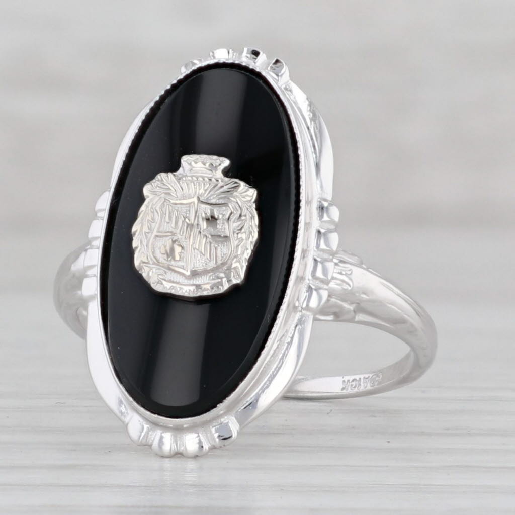 Light Gray Zeta Tau Alpha Onyx Crest Signet Ring 10k White Gold Sz 6 Sorority Coat of Arms