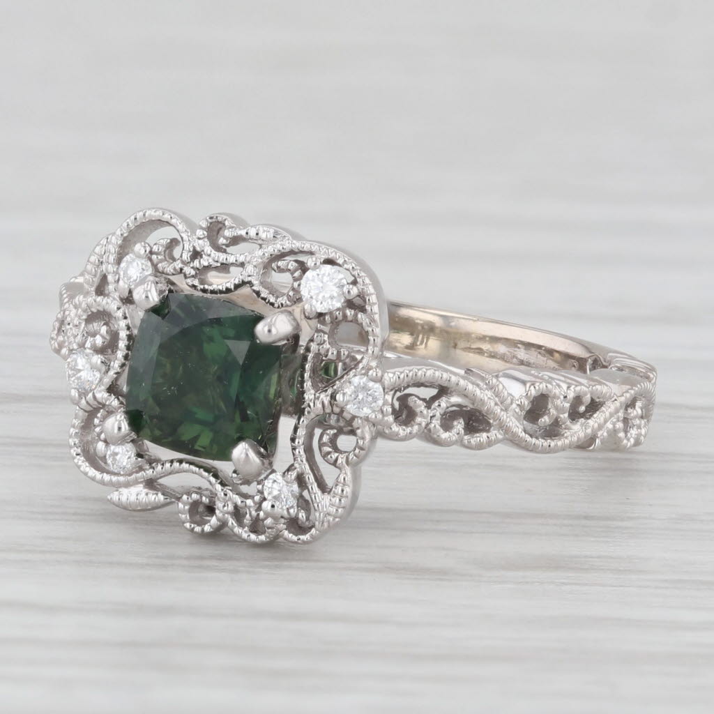 Light Gray 0.80ctw Green Sapphire Diamond Ornate Filigree Ring 14k White Gold Size 5.75