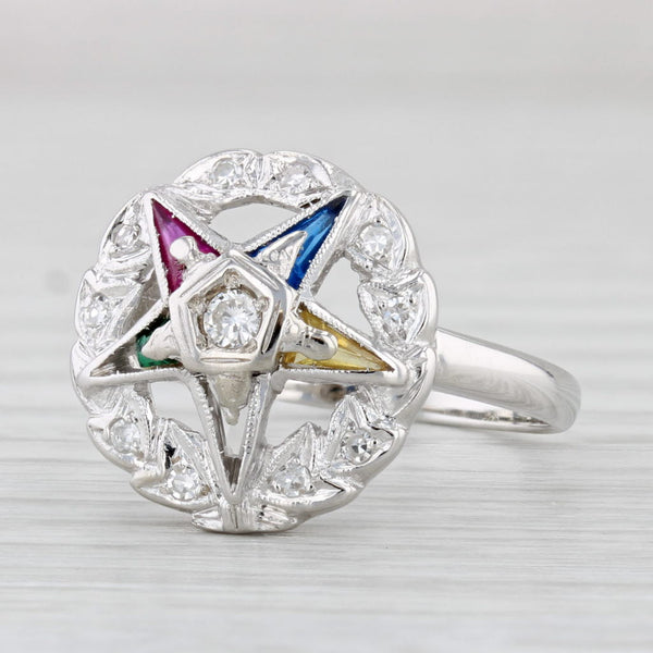 Light Gray Order Eastern Star Ring 14k Gold Diamond Lab Created Gemstones Masonic OES